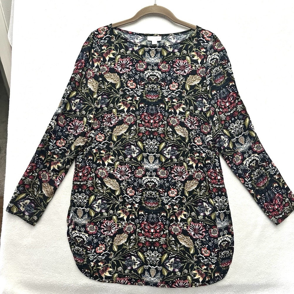 J Jill Tunic Top XS Dark Floral Long Sleeve Rayon Side Slits Blouse